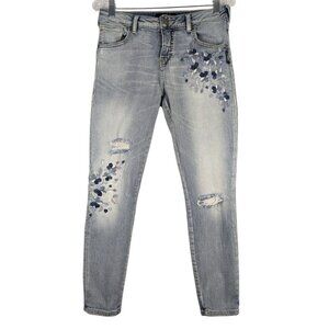 Silver Jeans Womens 28/27 Izzy Ankle Skinny Blue Floral Embroidered Distressed